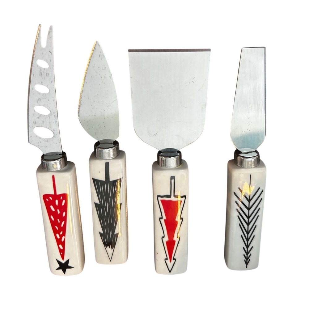 Set of 4 Retro Ceramic Handle Cheese Knives Set Woodland Christmas Tree‎ Design